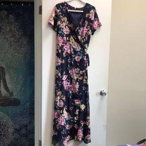 Navy blue floral maxi dress with waist tie
